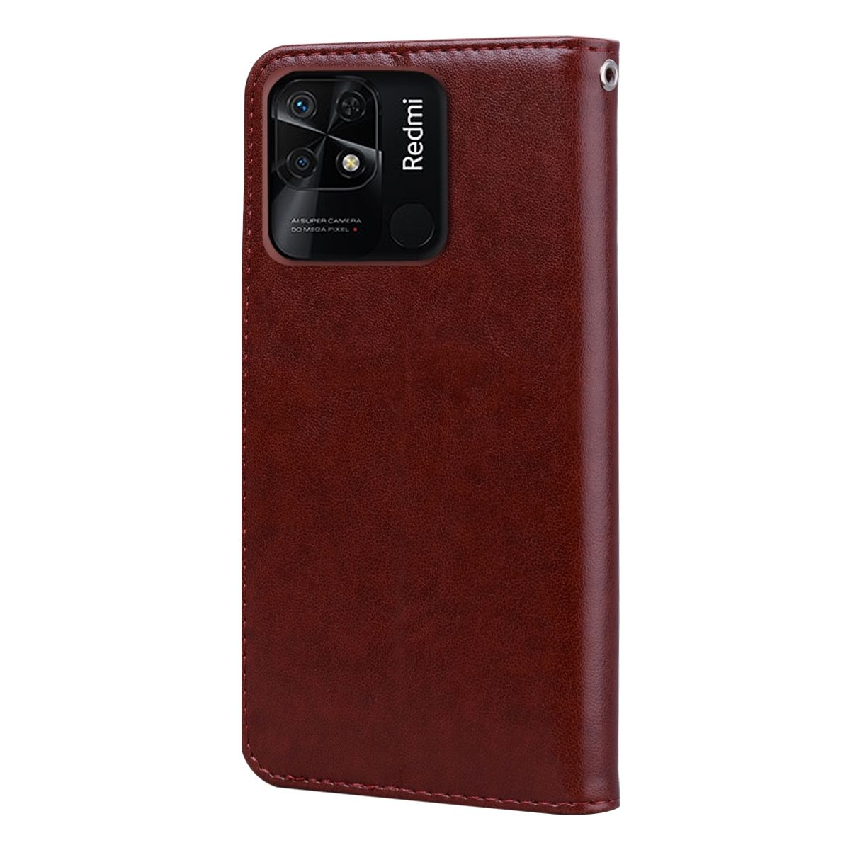 Braune Leder-Handyhülle mit Redmi-Kameramodul. Geschlossen, mit Loch für die Kamera.