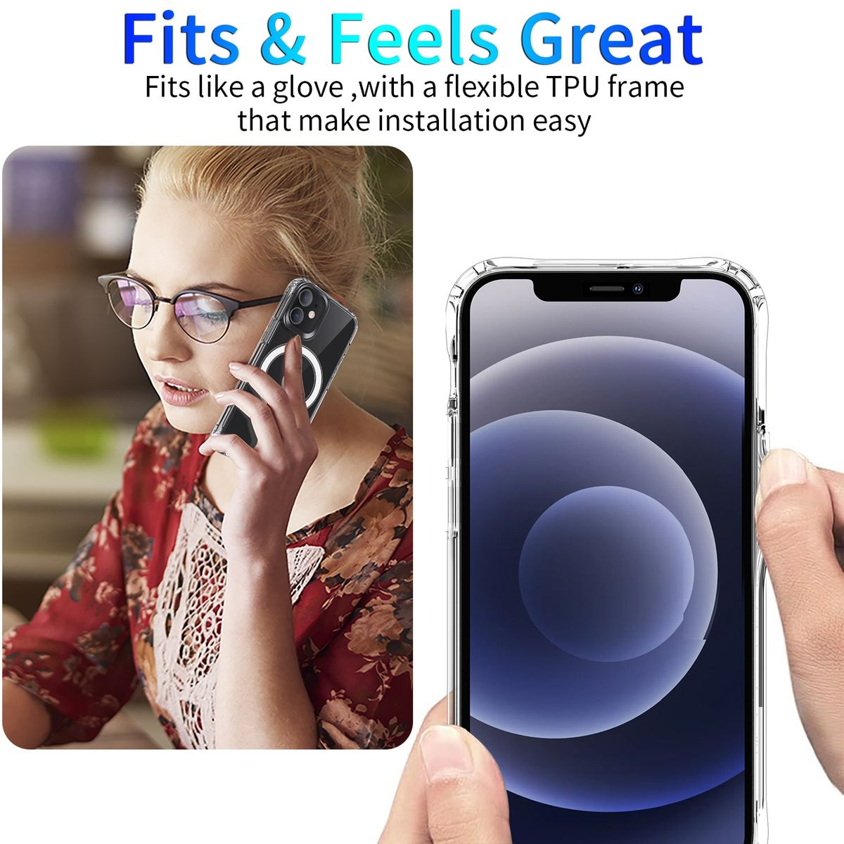 Eine Frau mit Brille hält ein Telefon in einer Hülle. Die Hülle ist durchsichtig und hat einen weißen Magnetring.