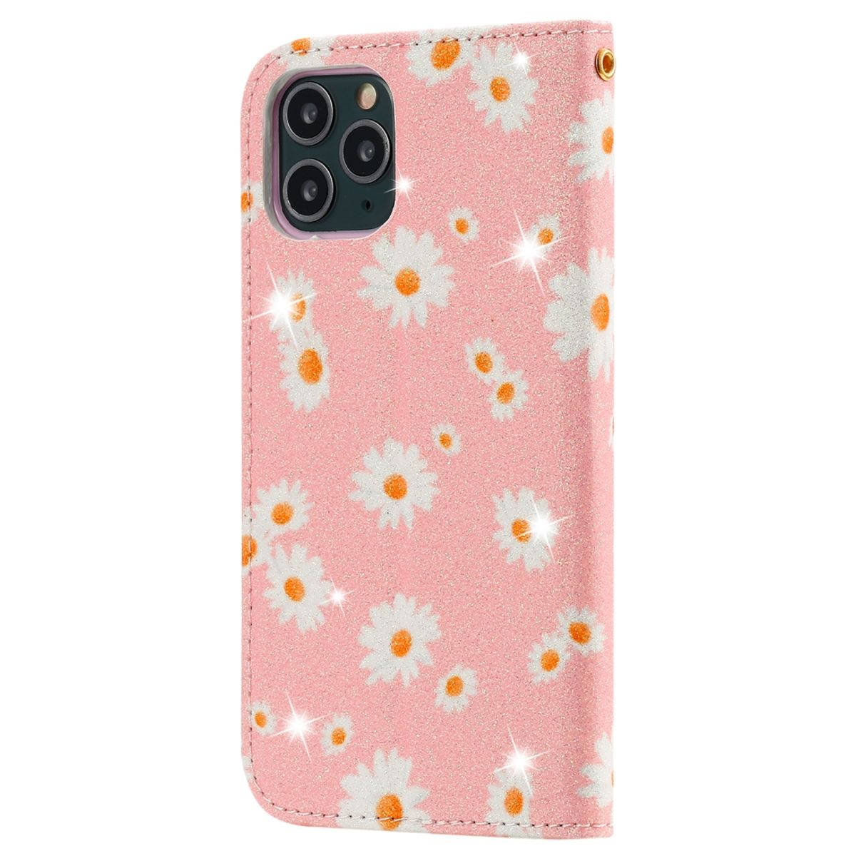 Rosa Handyhülle mit weißen Gänseblümchen. Das Telefon befindet sich im Inneren der Hülle.