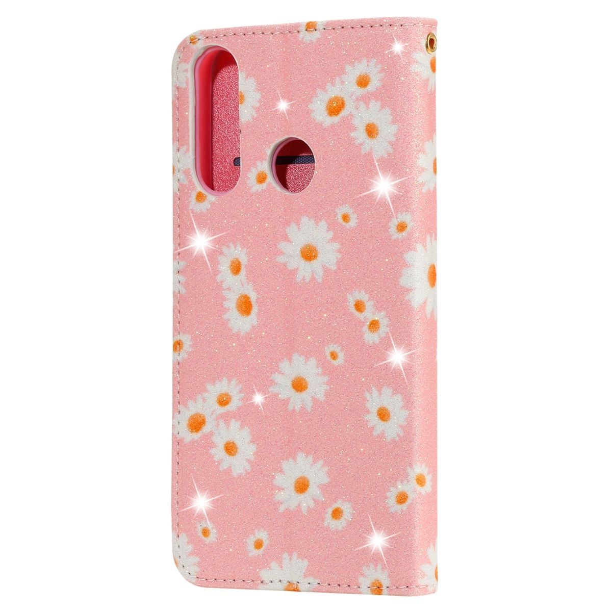 Rosa Handyhülle mit weißem Gänseblümchenmuster. Glitzerdetails auf der Oberfläche. Offen, um das Telefon anzuzeigen.