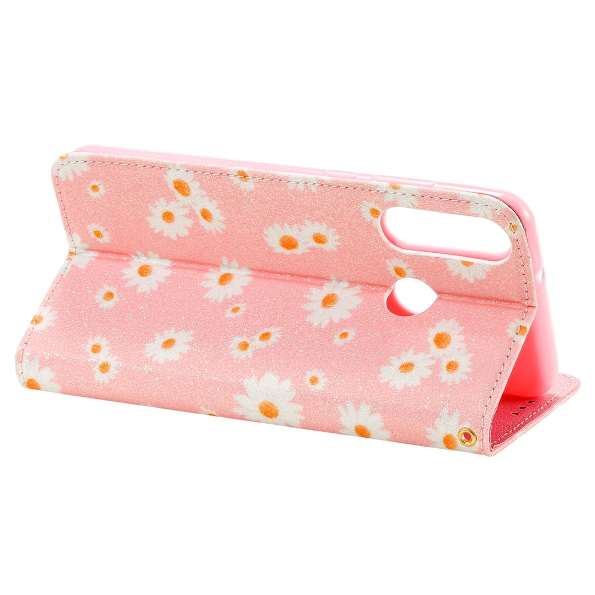 Rosa Handyhülle mit Gänseblümchen-Blumendesign, offen, zeigt den Telefonbildschirm.
