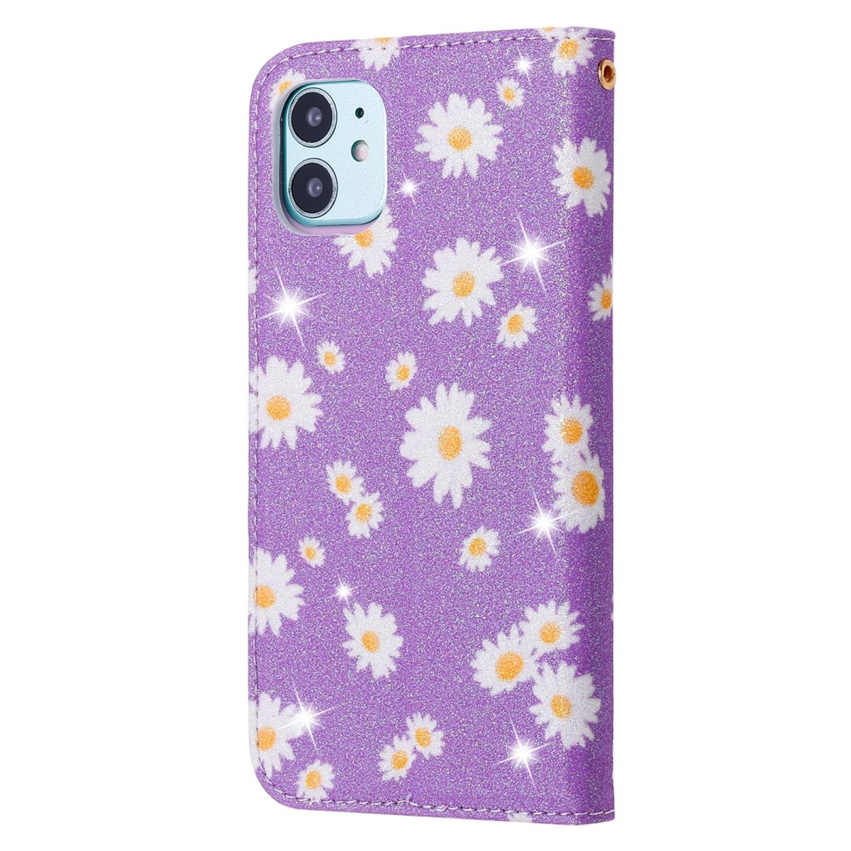 Lila Handy-Brieftasche mit weißen Gänseblümchen. Telefon nicht drin. Glitzereffekt.