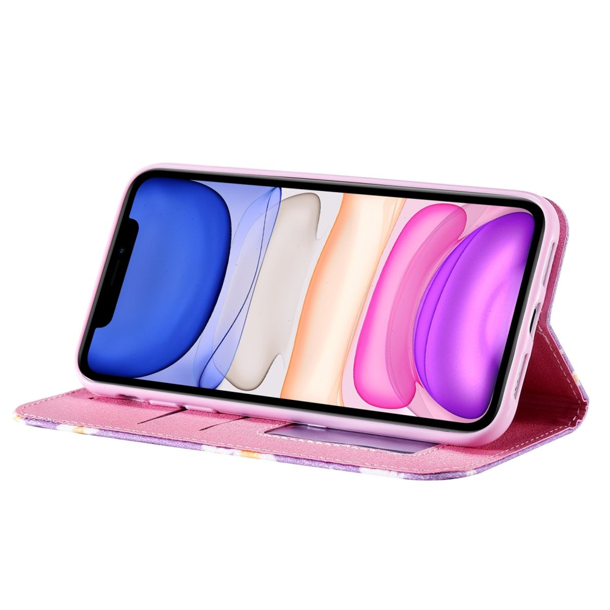 Rosa Handyhülle mit Telefon darin. Die Hülle ist offen und zeigt ein Blumenmuster.