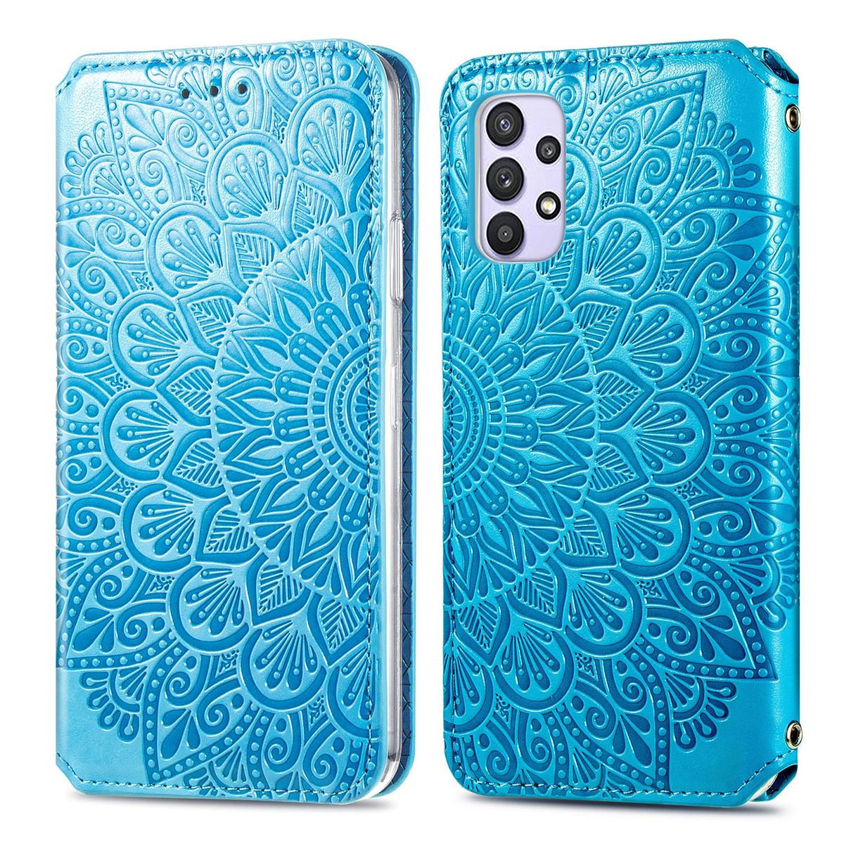 Blaue Handyhülle mit Mandala-Design, auf der Vorderseite geprägt.