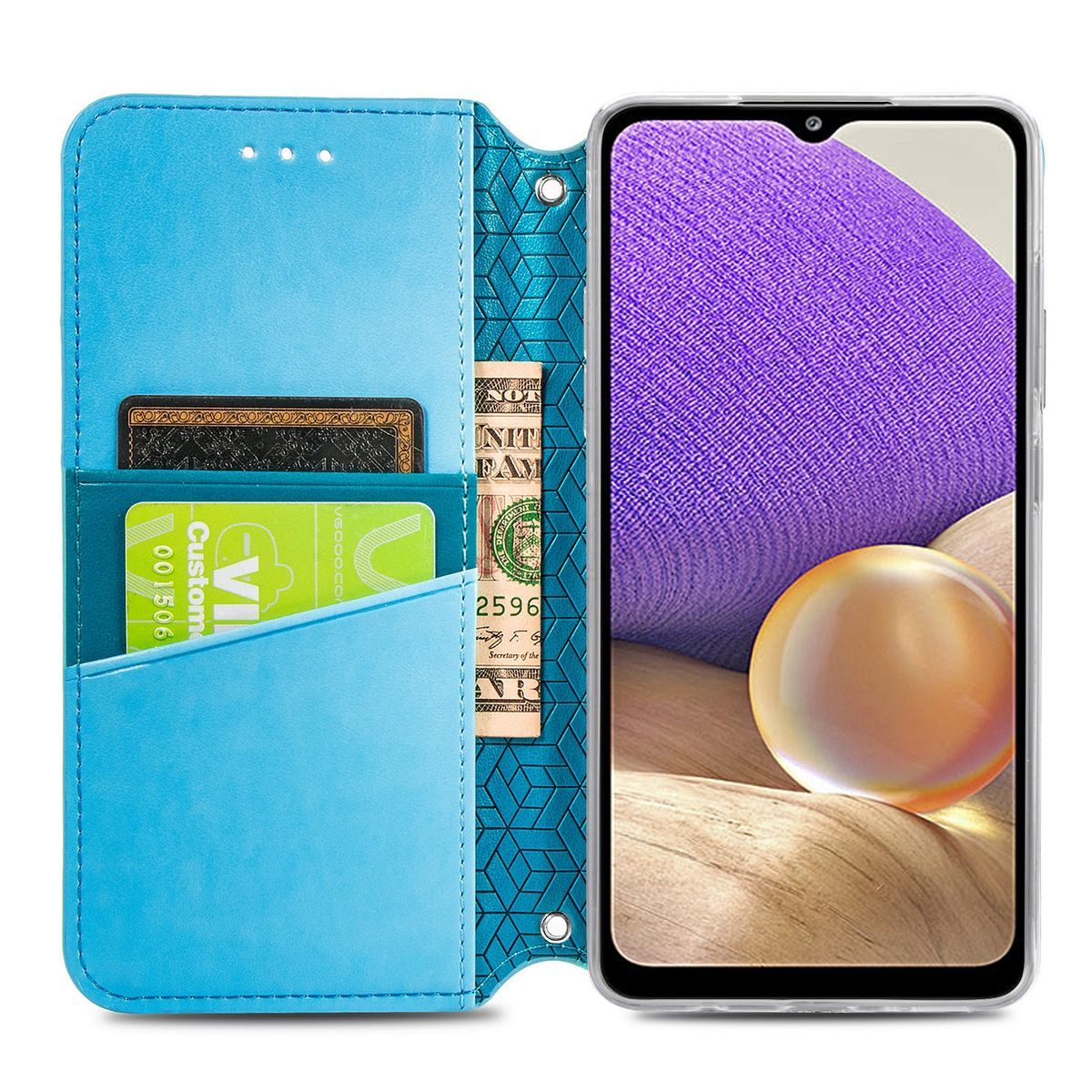 Blaue Handyhülle, offen, mit Kartenfächern und einem Telefon darin.
