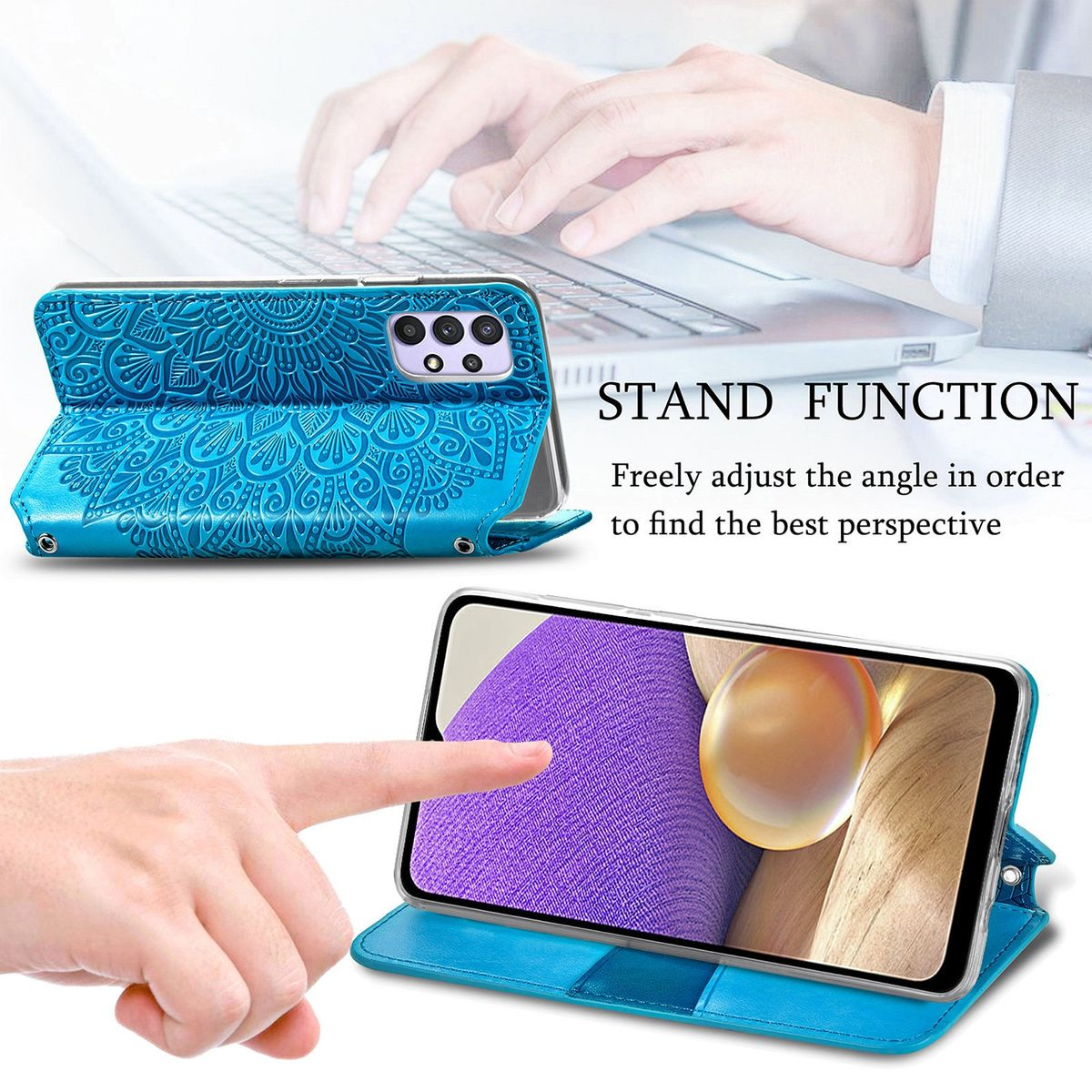 Blaue Handyhülle mit Standfunktion. Telefon ist in der Hülle. Mann benutzt Laptop im Hintergrund.