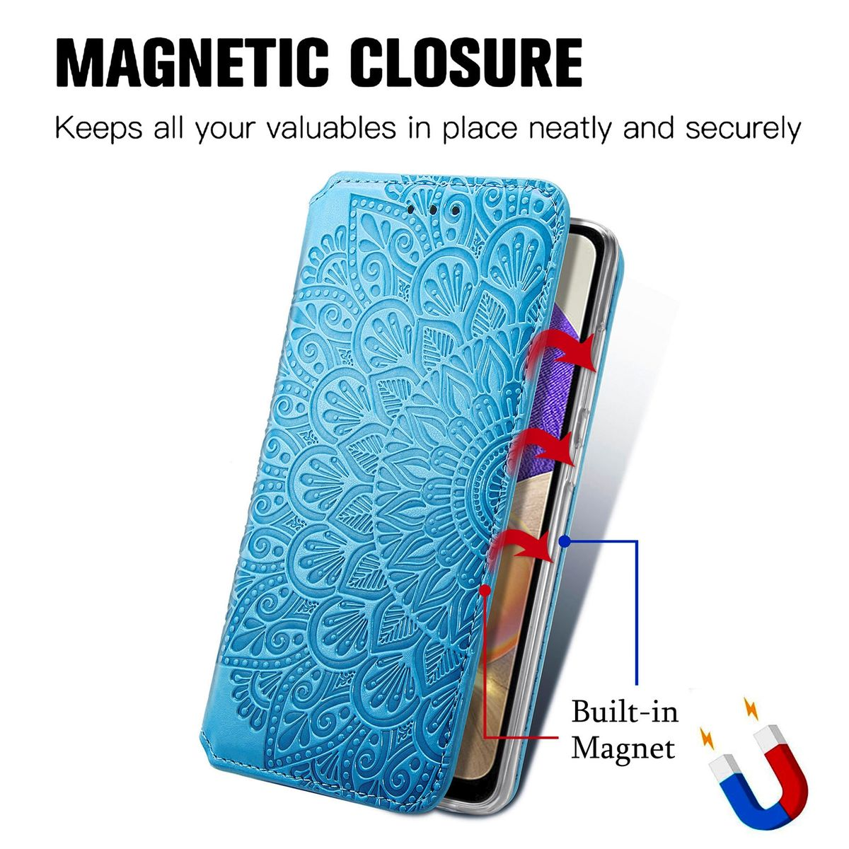 Blaue Handyhülle mit floralem Design. Magnetverschluss gezeigt.