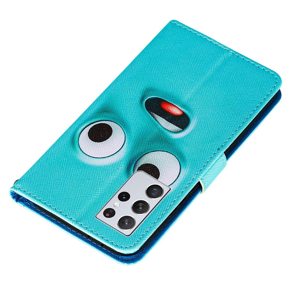 Blaue Handyhülle mit Cartoonaugen. Telefon innen, mit Kameraausschnitt.