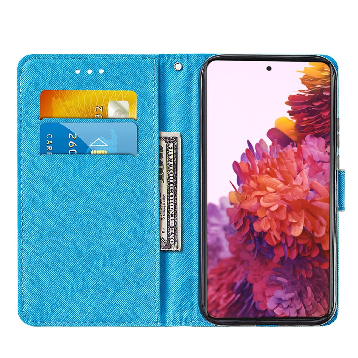 Offene blaue Handyhülle mit Telefon, Karten und Geld darin. Telefon hat eine Blumenanzeige.