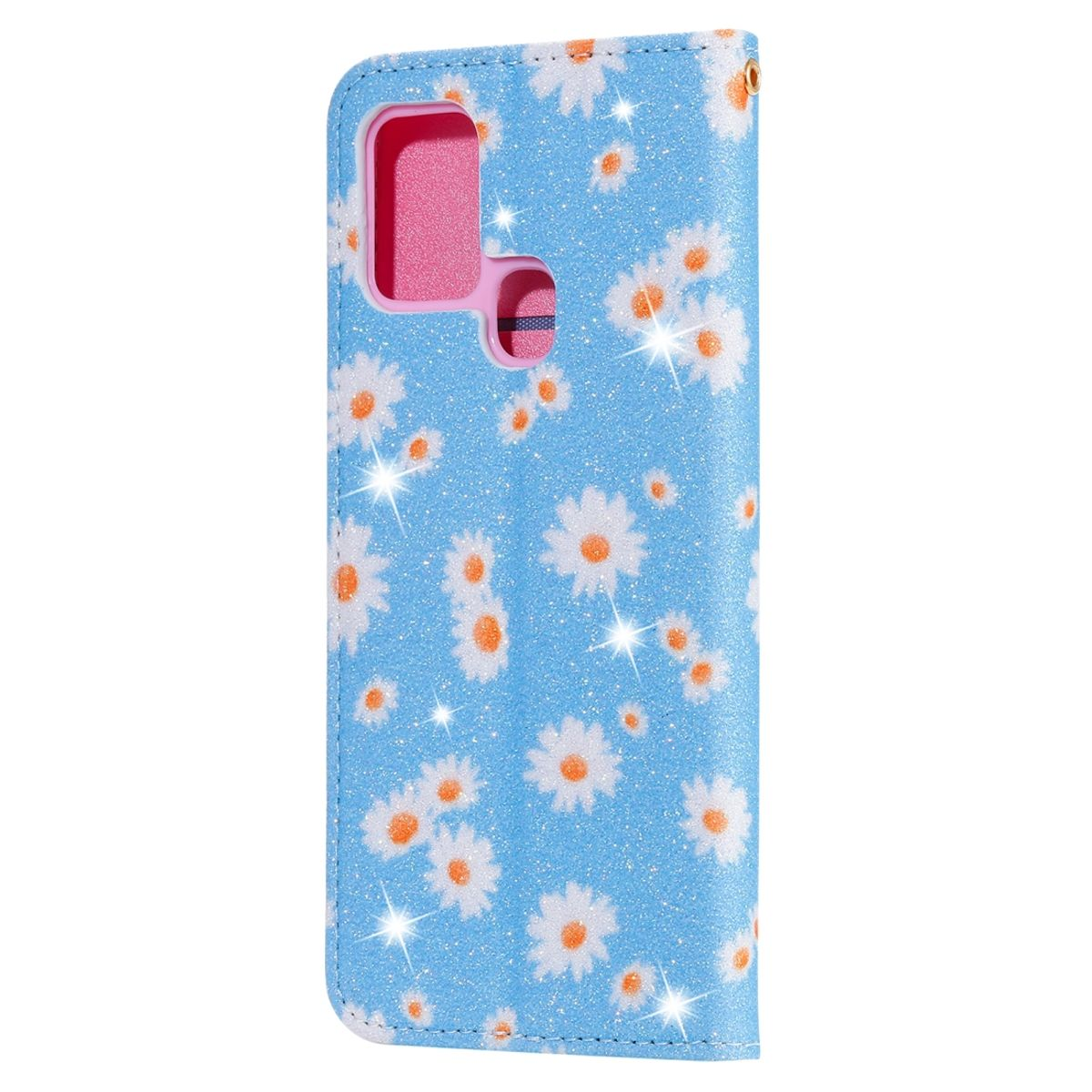 Blaue Handyhülle mit weißen Gänseblümchen und glitzernden Akzenten.