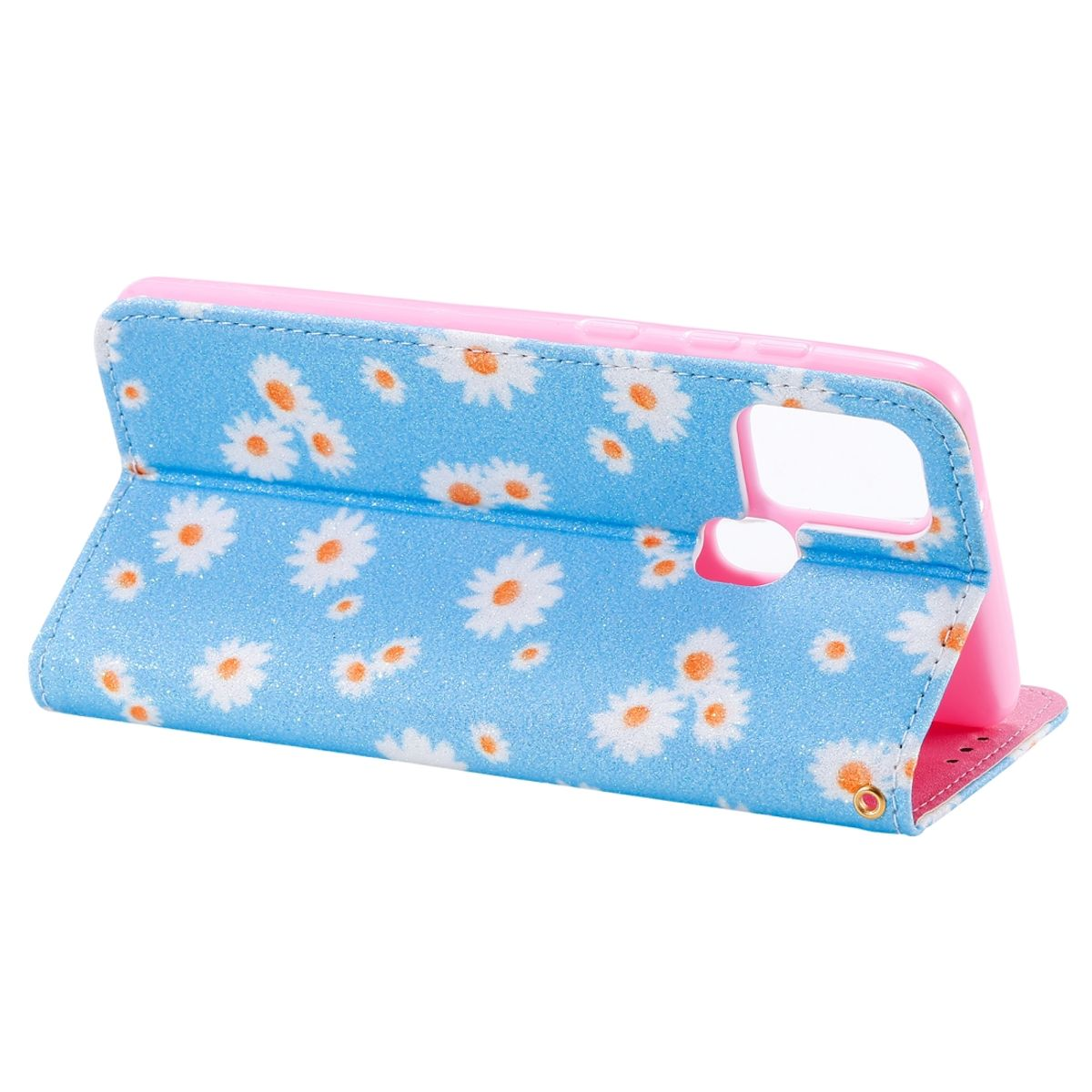 Blaue Handyhülle mit weißen Gänseblümchen, offen. Rosa Telefonhalterung innen.