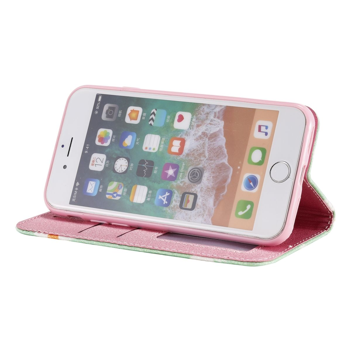 Rosa Handyhülle mit Telefon. Die Hülle ist offen und zeigt ein Telefon mit Apps.