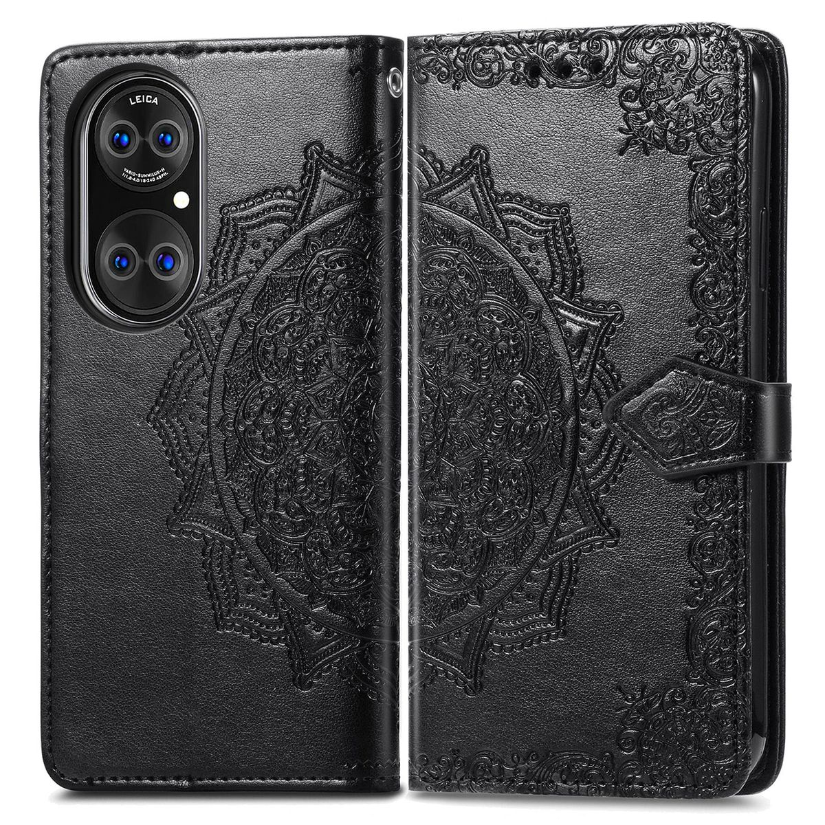Schwarze Leder-Handyhülle mit Mandala-Design, geschlossen. Telefon hat mehrere Kameras.