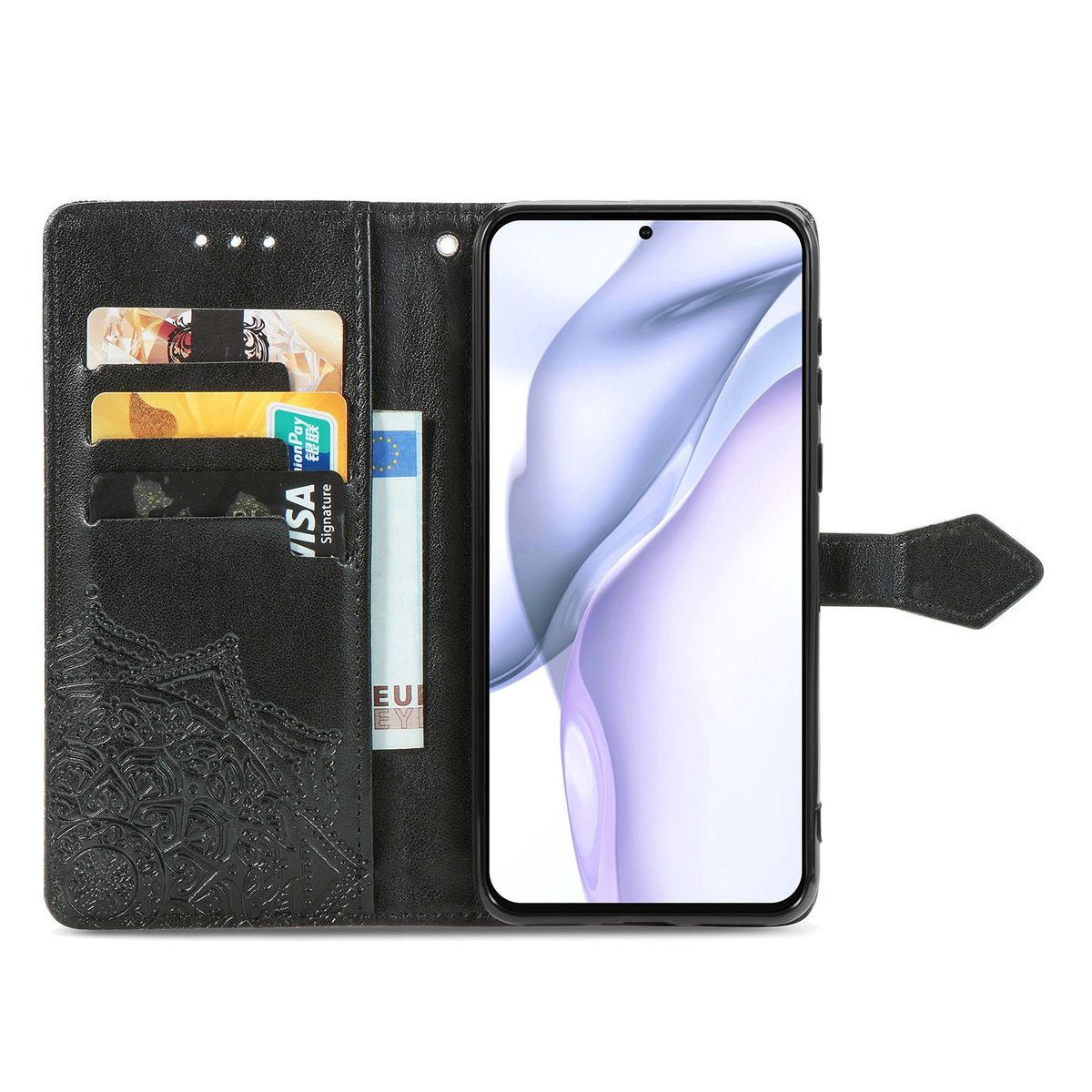 Schwarze Handyhülle offen, zeigt Karten, Bargeld und ein Telefon mit hellviolettem Bildschirm.