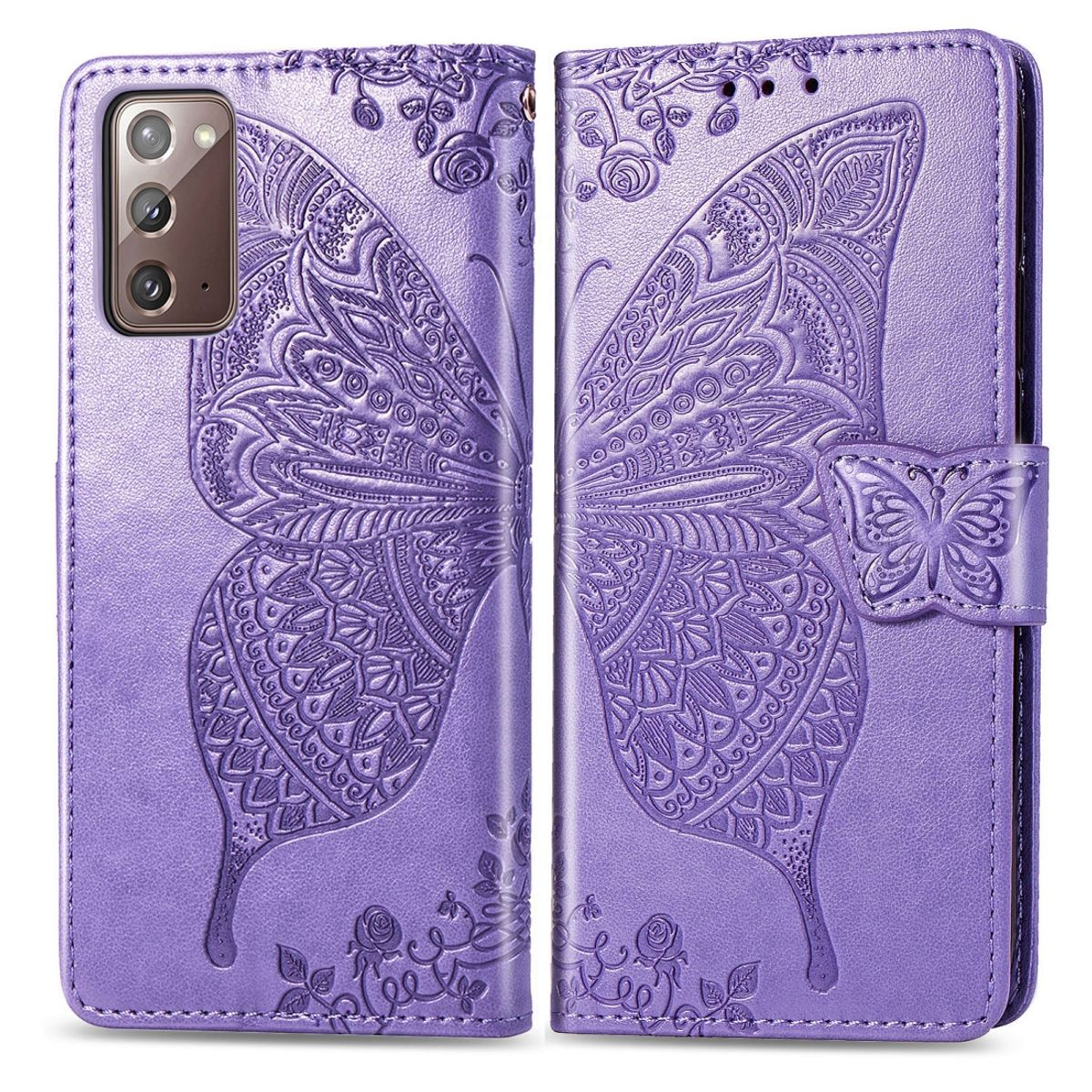 Lila Leder-Handyhülle mit Schmetterlingsdesign. Geöffnet, zeigt den Bildschirm des Telefons und einen Schmetterlingsverschluss.