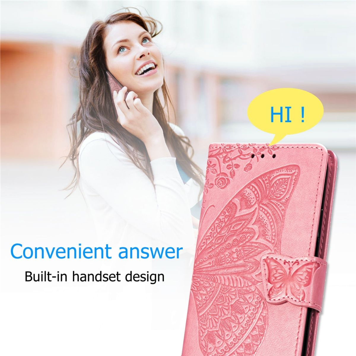 Frau telefoniert, rosa Handyhülle mit Schmetterlingsdesign, Sprechblase sagt 'HI!'