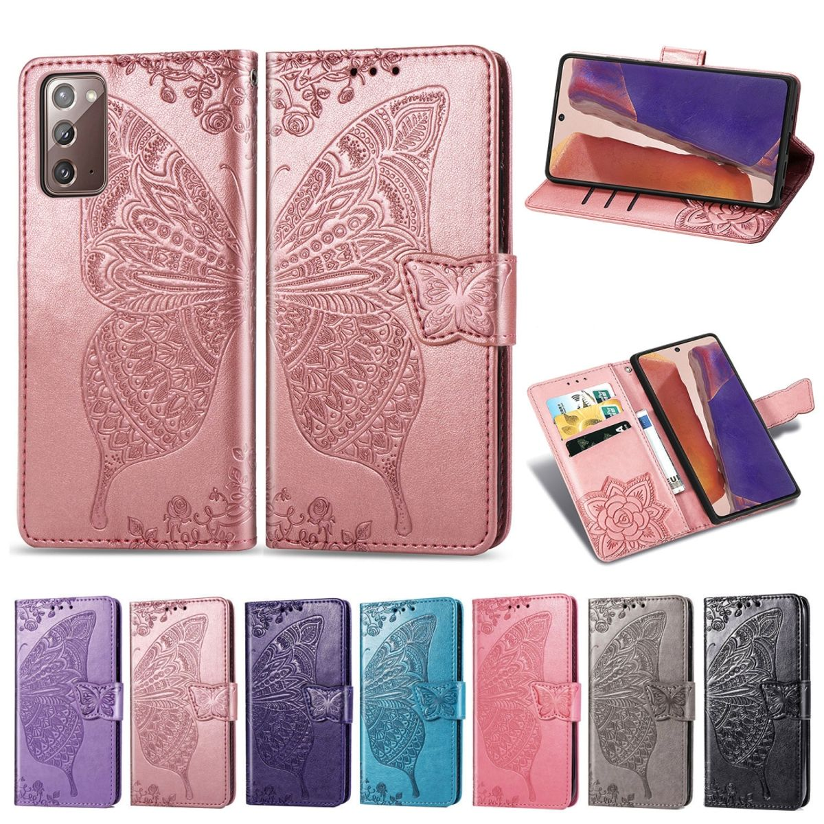 Pinke Handyhülle mit Schmetterlingsdesign. Mehrere Ansichten, einschließlich offen und geschlossen. Verschiedene Farben erhältlich.