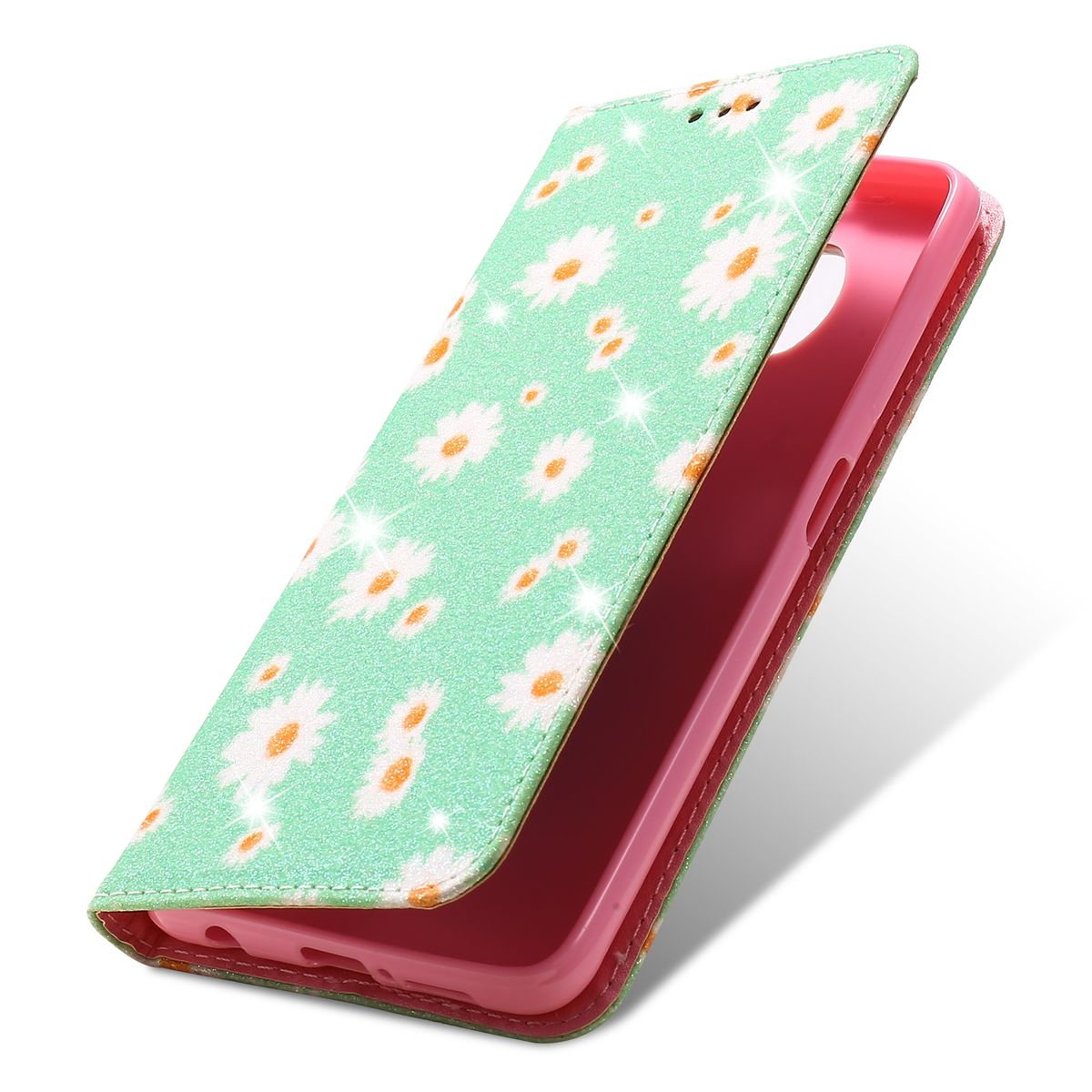 Grüne Handyhülle mit Gänseblümchen. Die Hülle ist offen und zeigt ein rosa Telefon im Inneren.