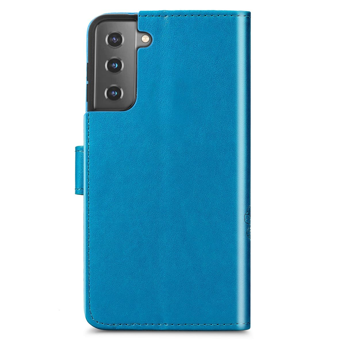 Blaue Handyhülle mit schwarzem Bildschirm und Kameraausschnitt.