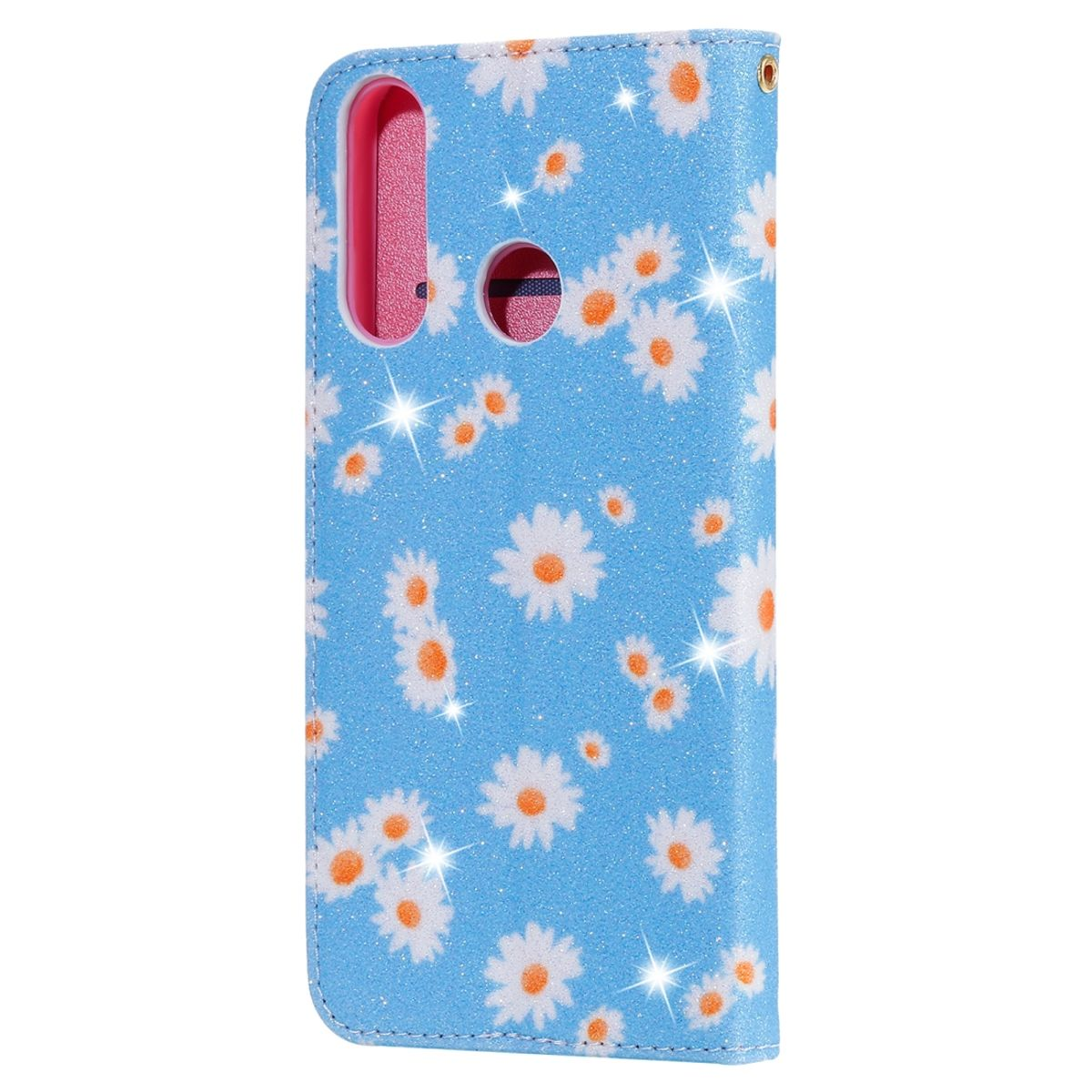 Blaue Handyhülle mit weißen Gänseblümchen, mit Telefon im Inneren, blauer Hintergrund.