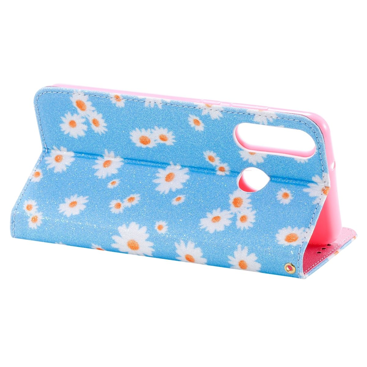 Blaue Handyhülle mit weißen Gänseblümchen. Rosa Innenseite. Aufgeklappt.