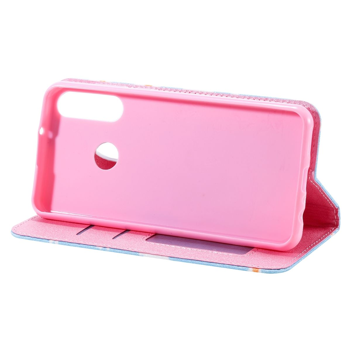 Ein rosafarbenes Handycase ist offen. Die Innenseite ist hellrosa. Das Case hat ein blaues Blumendesign.