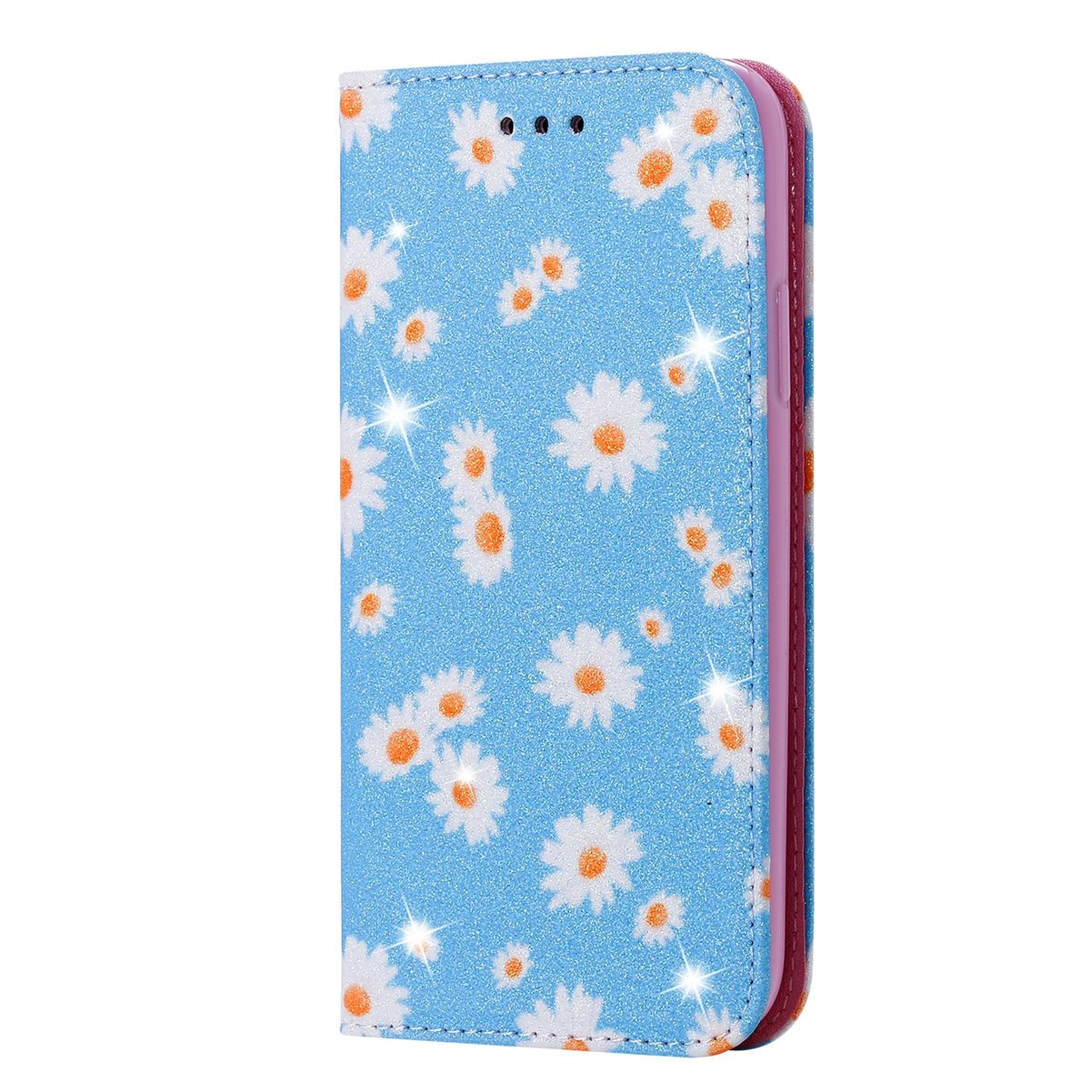 Blaue Handyhülle mit weißen Gänseblümchen. Die Hülle ist geschlossen, und ein Glitzereffekt ist hinzugefügt worden.