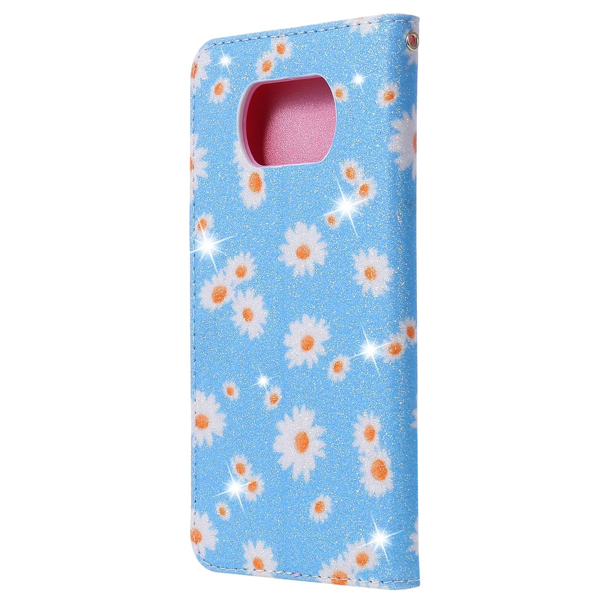 Blaue Handyhülle mit weißen Gänseblümchen und Glitzer. Die Hülle ist geschlossen, zeigt die Vorderseite.