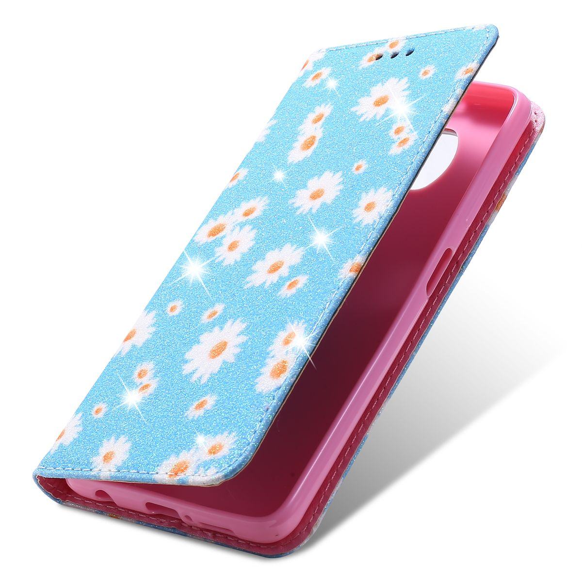 Blaue Handyhülle offen, mit Gänseblümchen-Design. Rosa Innenraum, Telefon innen.