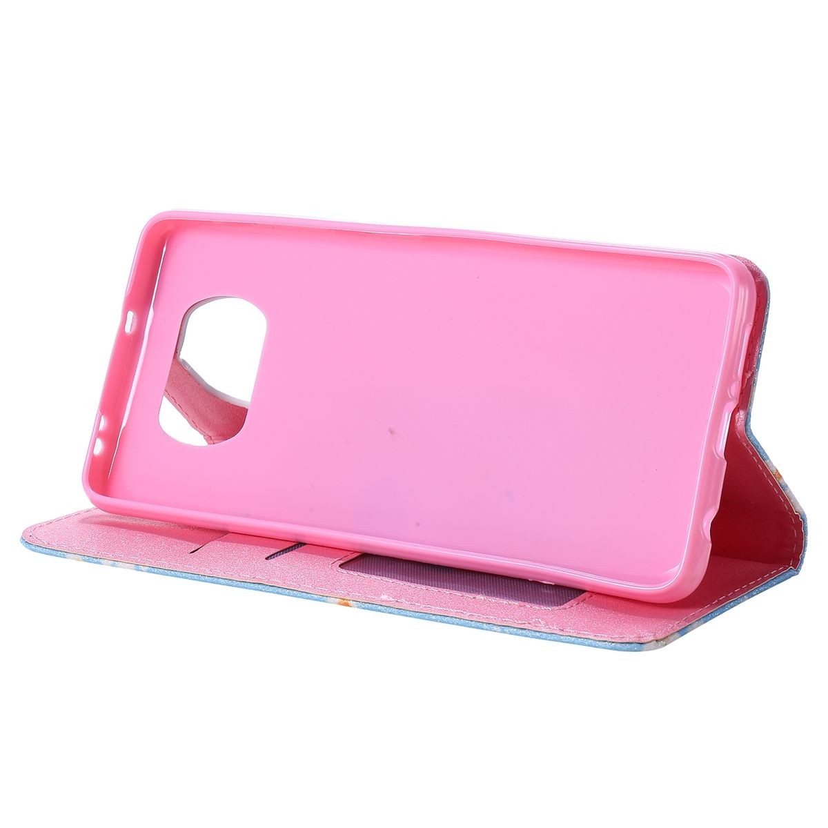 Offene rosa Handyhülle mit rosa Innenraum und floralem Design.
