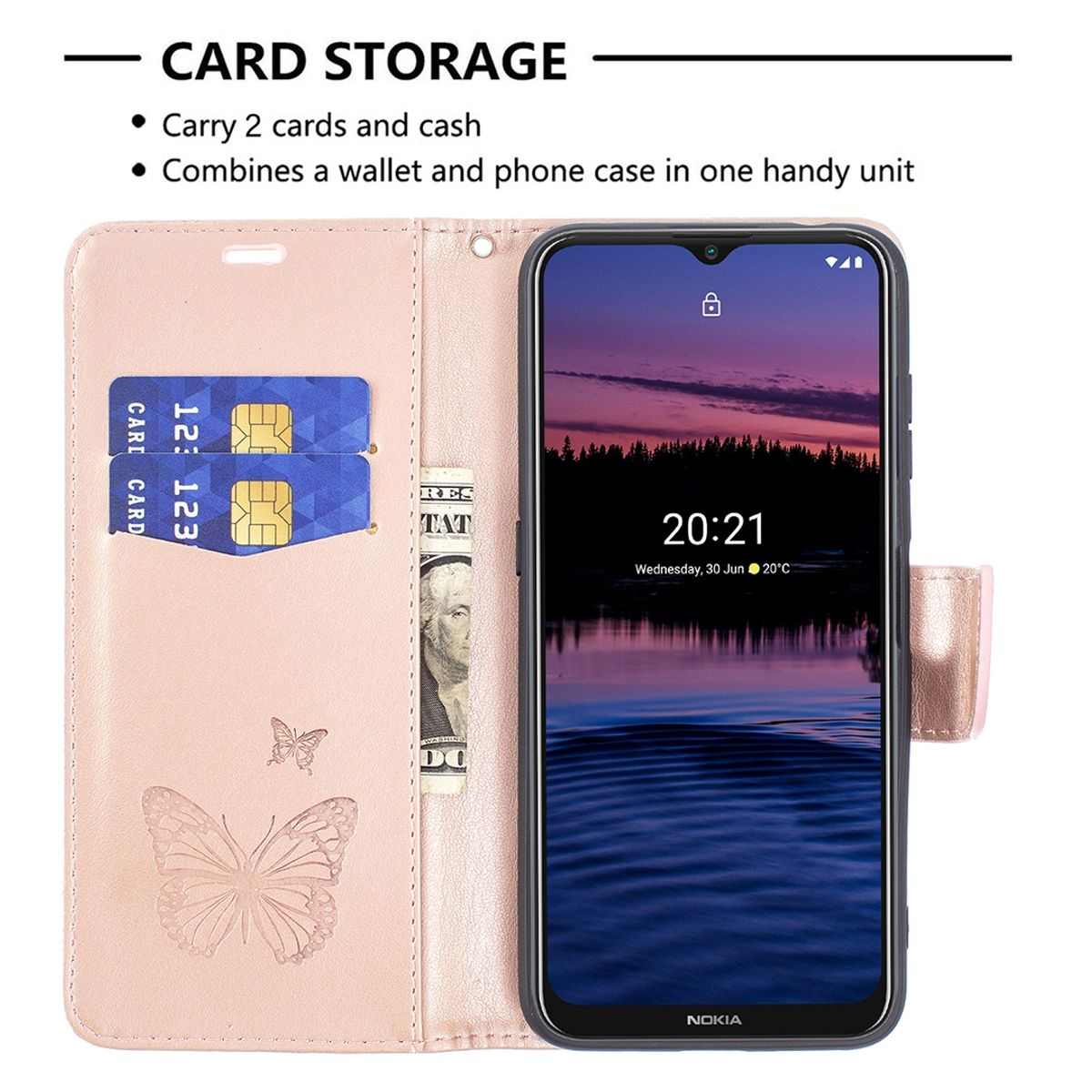 Offene rosa Handyhülle. Innen Karten, Bargeld und ein Telefon mit dunklem Bildschirm.