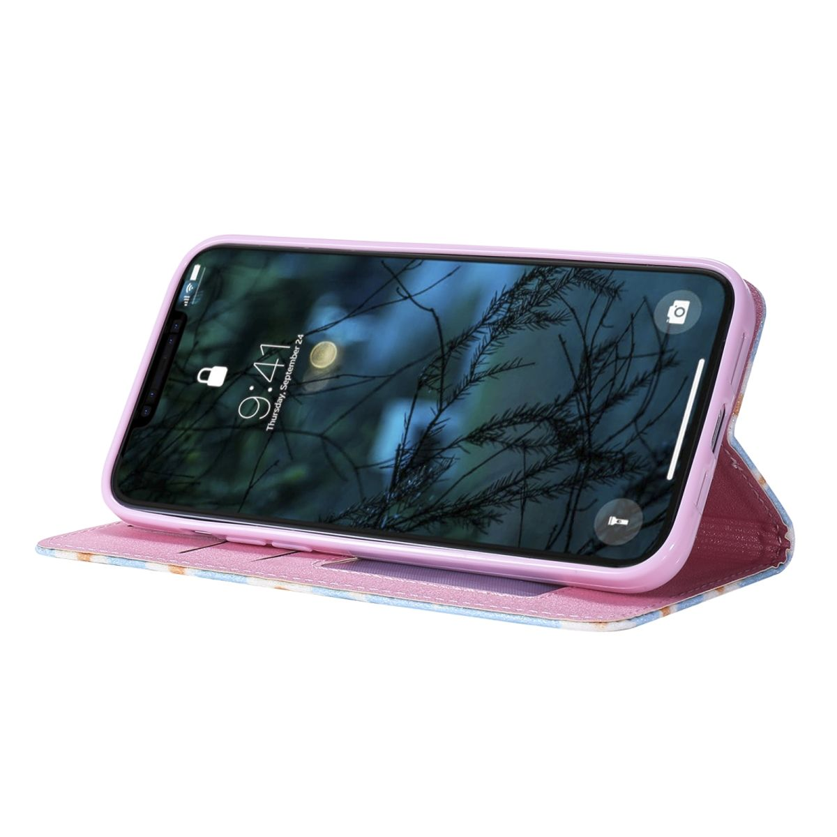 Telefon in rosa Hülle, offen. Das Telefon zeigt eine blaue und weiße abstrakte Szene.