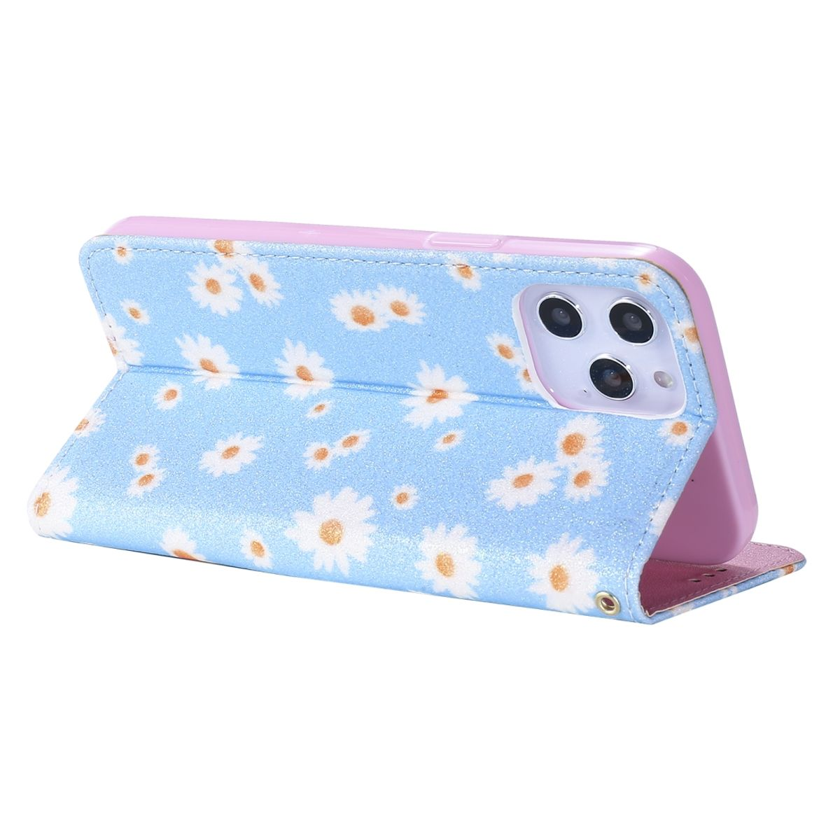 Handyhülle mit blauem und weißem Gänseblümchenmuster. Telefon ist in der Hülle, offen. Pinkes Innere.