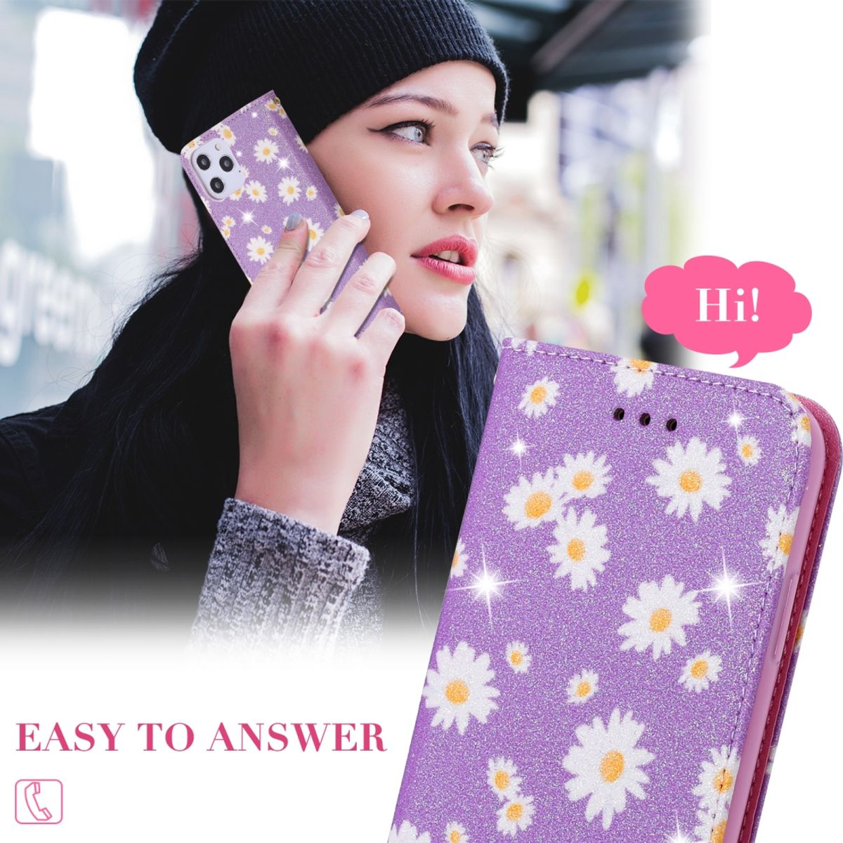 Eine Frau hält ein Telefon mit einem floralen Gehäuse. Eine Sprechblase sagt 'Hallo!'.
