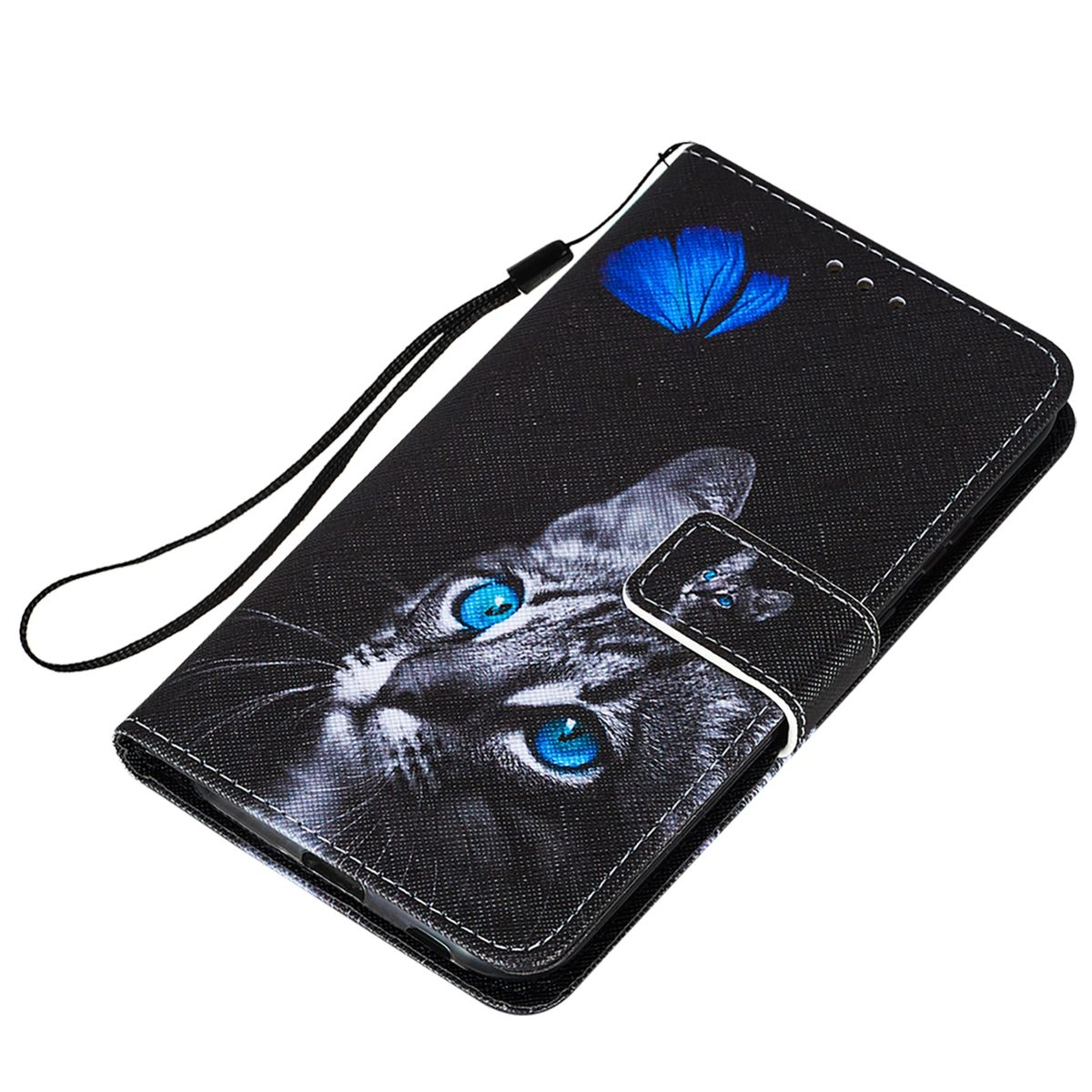 Schwarze Handyhülle mit Katzengesicht-Design und blauem Schmetterling, weißer Hintergrund.
