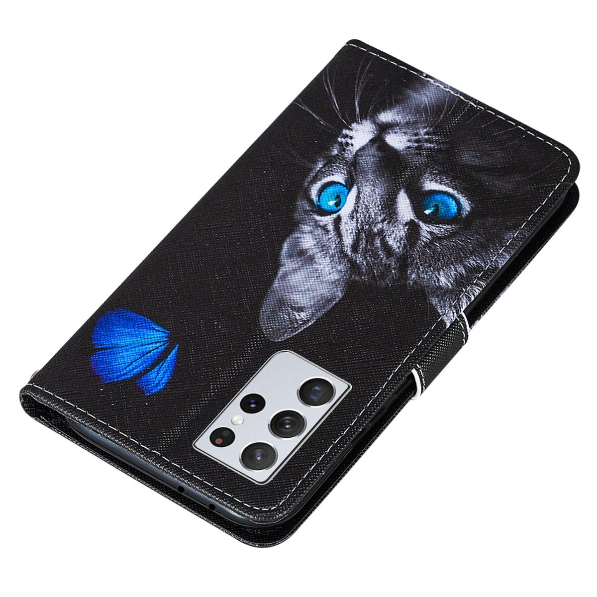 Schwarze Handyhülle mit Katzenkopf und blauem Schmetterling. Telefon mit Kamera sichtbar.