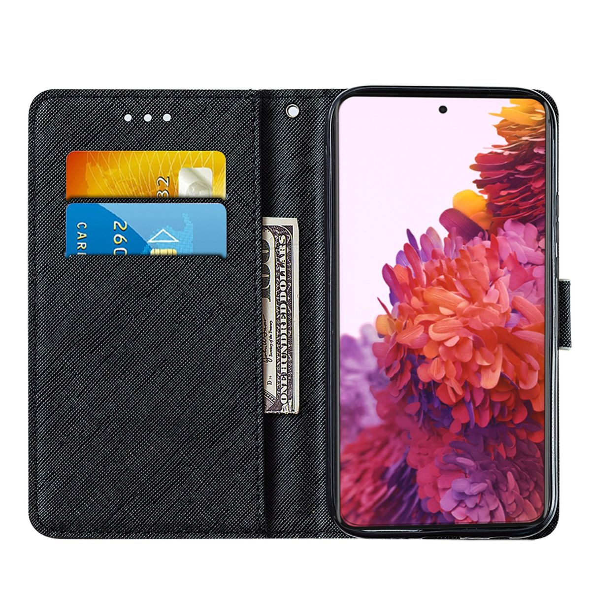 Schwarze Handyhülle, offen, mit Kartenfächern, Geld und dem Telefon. Das Telefon hat eine farbenfrohe Anzeige.