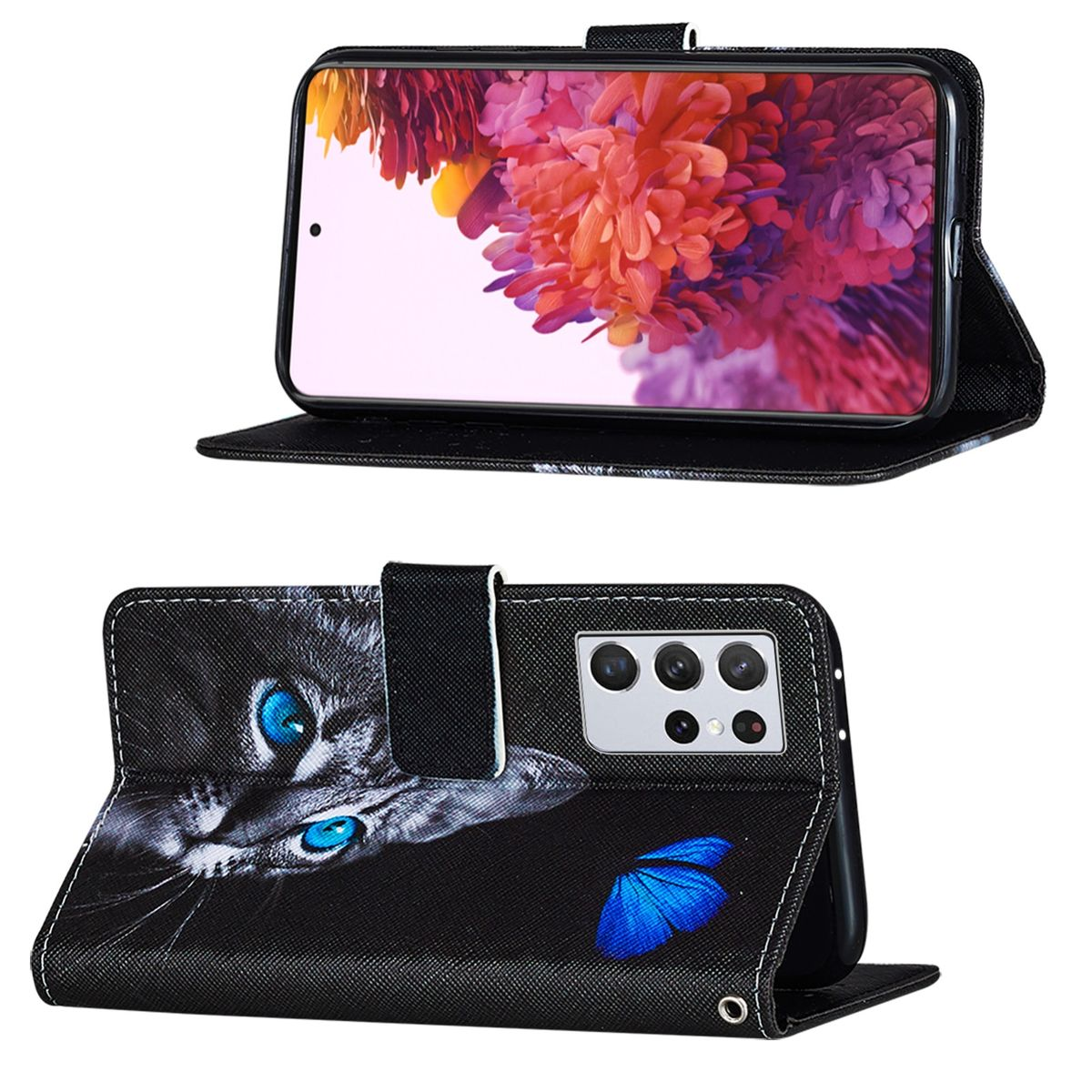 Handyhülle mit Katzenbild. Telefonbildschirm zeigt Blumen. Blauer Schmetterling.