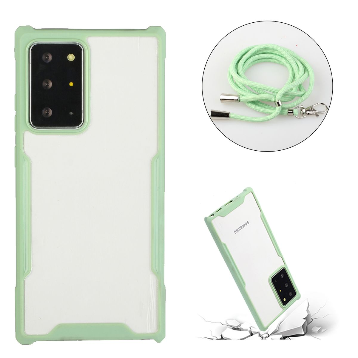 Minzgrüne Handyhülle mit Telefon und passendem Schlüsselband. Isoliert auf weißem Hintergrund.