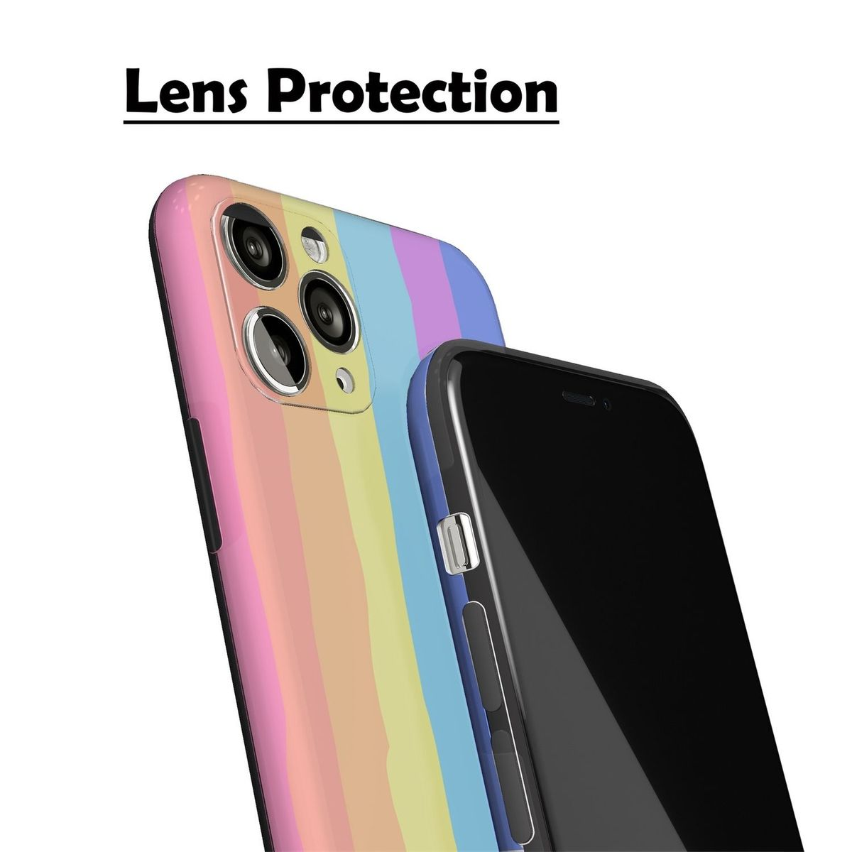 Regenbogenfarbene Handyhülle. Daneben ein Telefon mit schwarzem Bildschirm. Linsenschutz wird erwähnt.