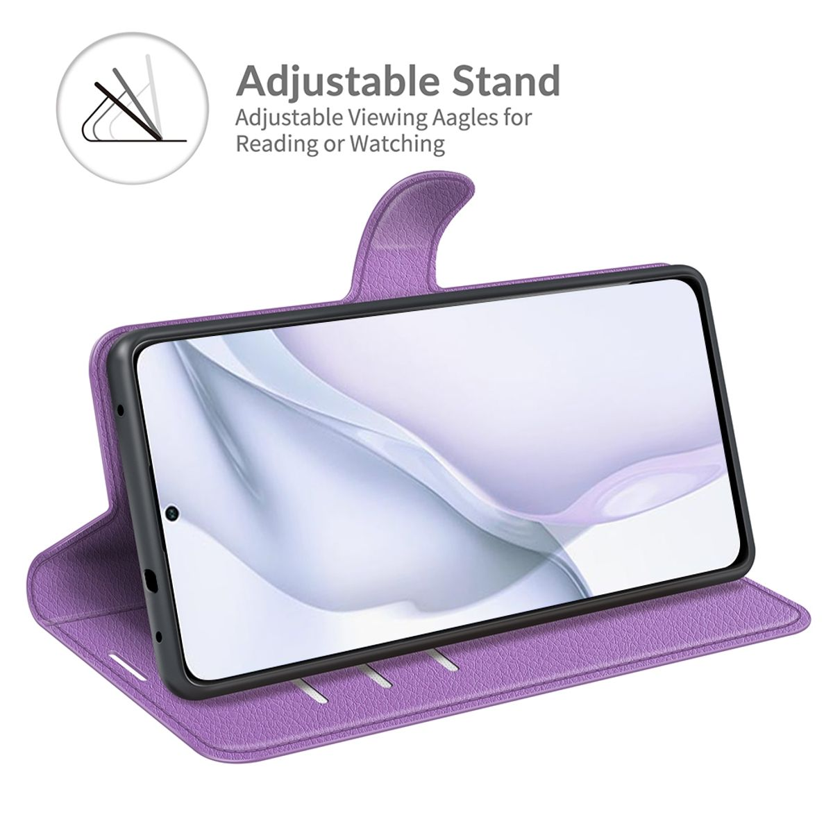 Lila Handyhülle mit Telefon. Verstellbarer Ständer. Weißer Hintergrund.