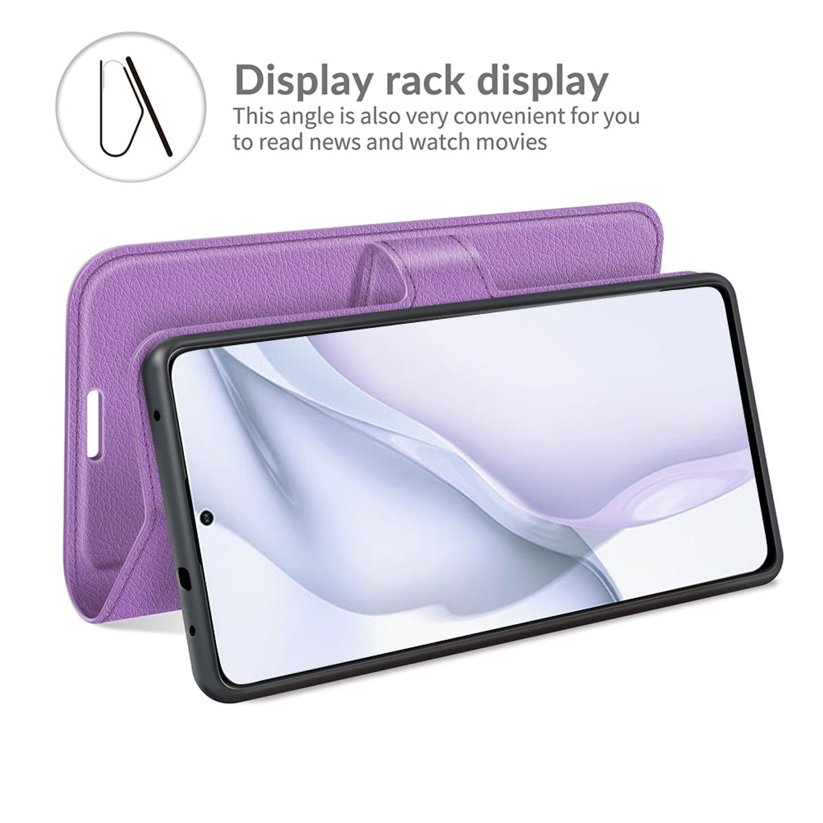 Lila Handyhülle mit Telefon und Ständer. Das Telefon steht auf dem Ständer.