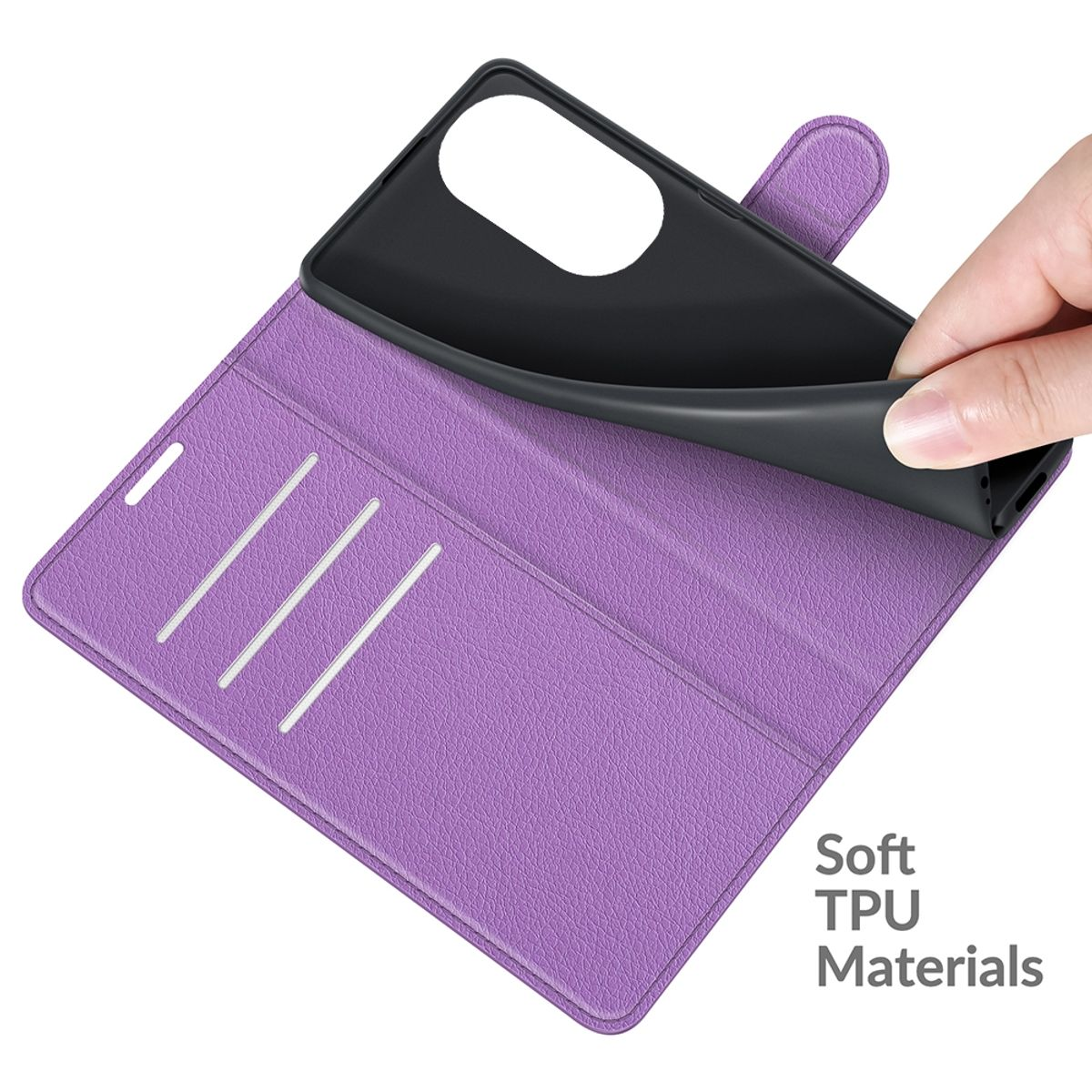 Eine lila Handyhülle mit einem Telefon darin und Text, der Soft TPU Materials sagt.