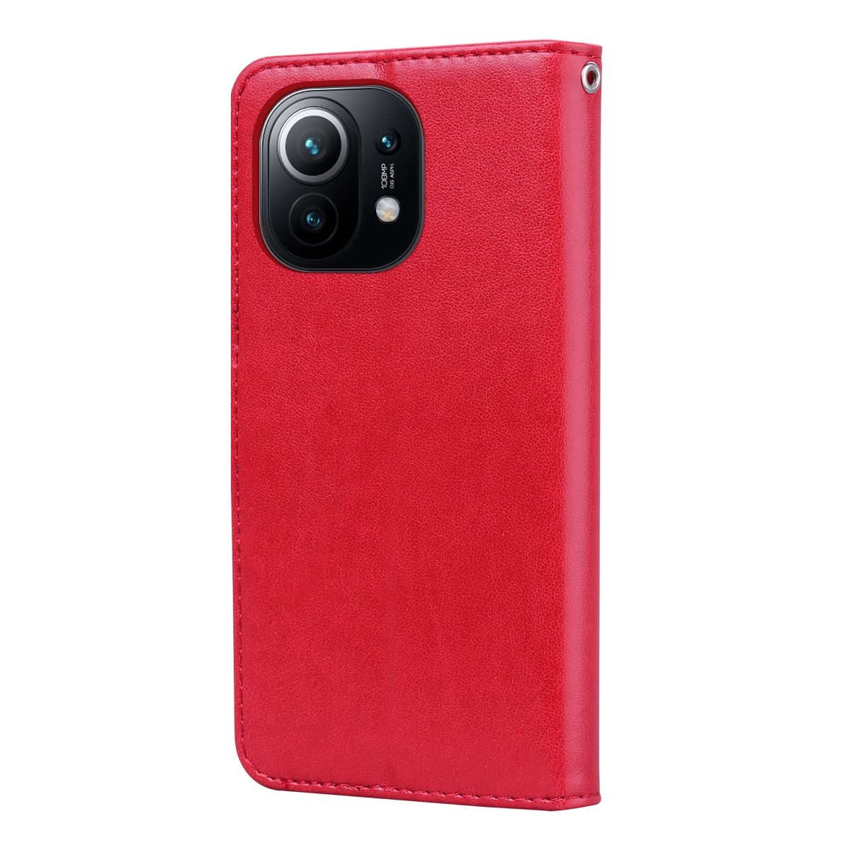 Rote Handyhülle, geschlossen, mit einem Telefon darin.
