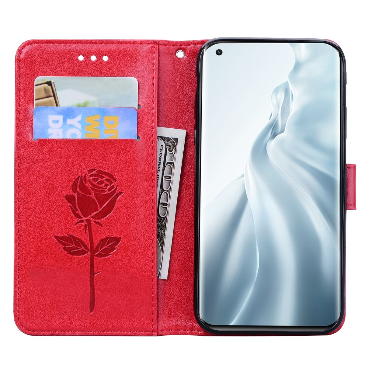 Rote Handyhülle offen mit Karten, Bargeld und Rosendesign. Telefon innen.