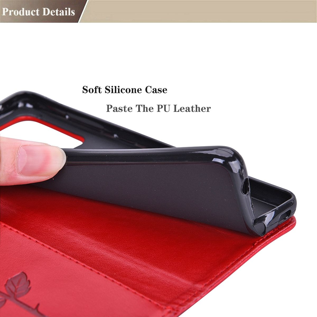 Hand hält eine schwarze Handyhülle mit roter Innenseite. Die Handyhülle ist offen und zeigt das Innere.