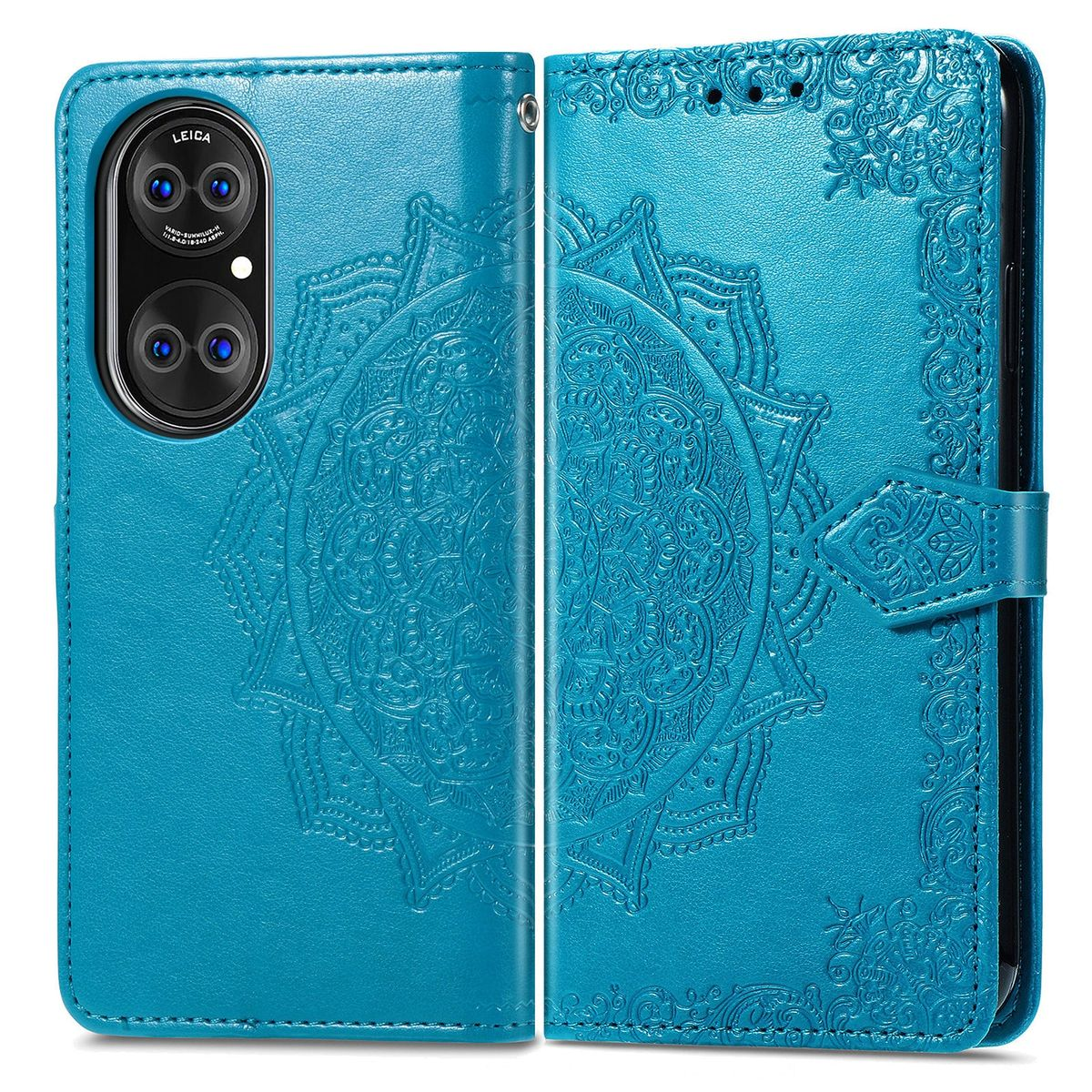 Eine blaue Leder-Handyhülle mit Mandala-Design. Die Hülle ist offen und zeigt das Telefon und das Innendesign.