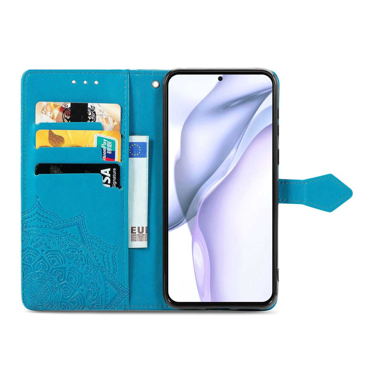 Offene türkis Handyhülle mit Telefon, Karten und Geld sichtbar. Mit Muster verziert.