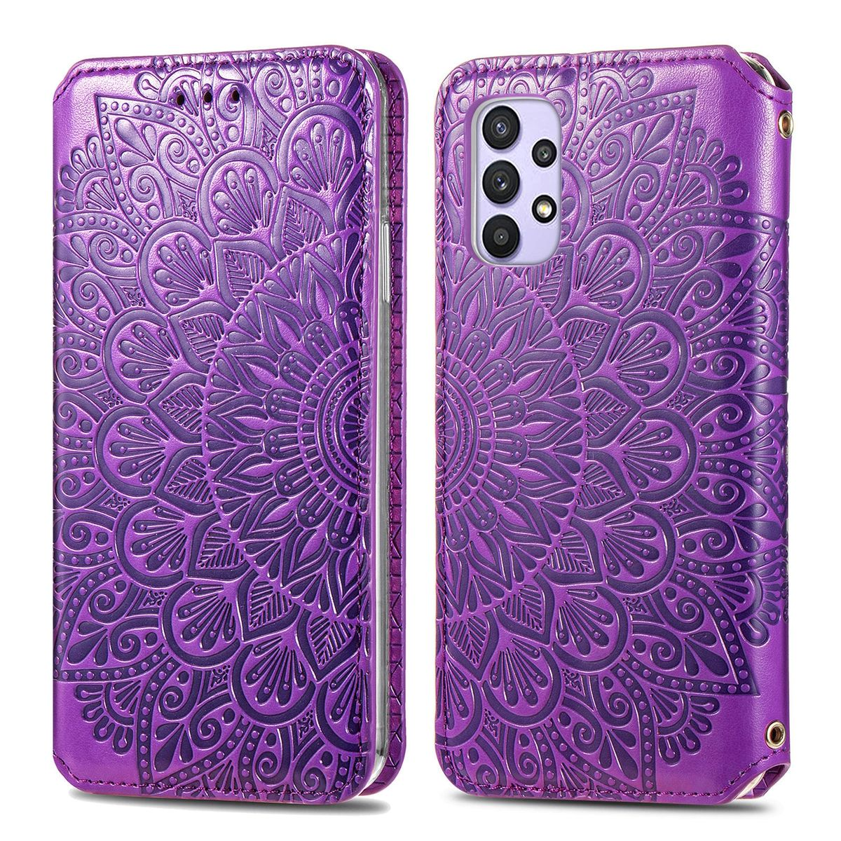 Eine lila Handyhülle mit floralem Design, mit einem Telefon darin.