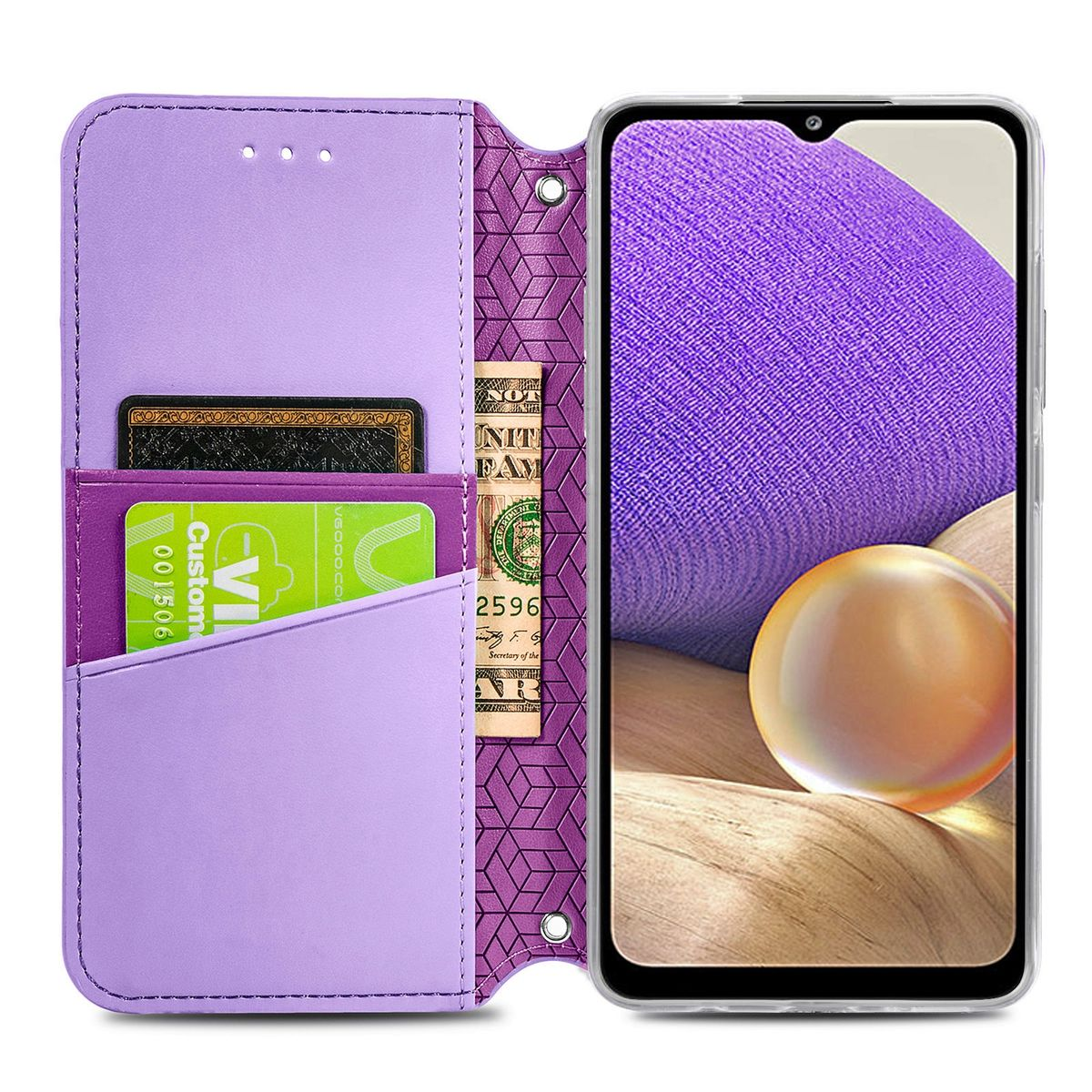Eine lila Handyhülle mit Kartenfächern und einem Telefon darin.